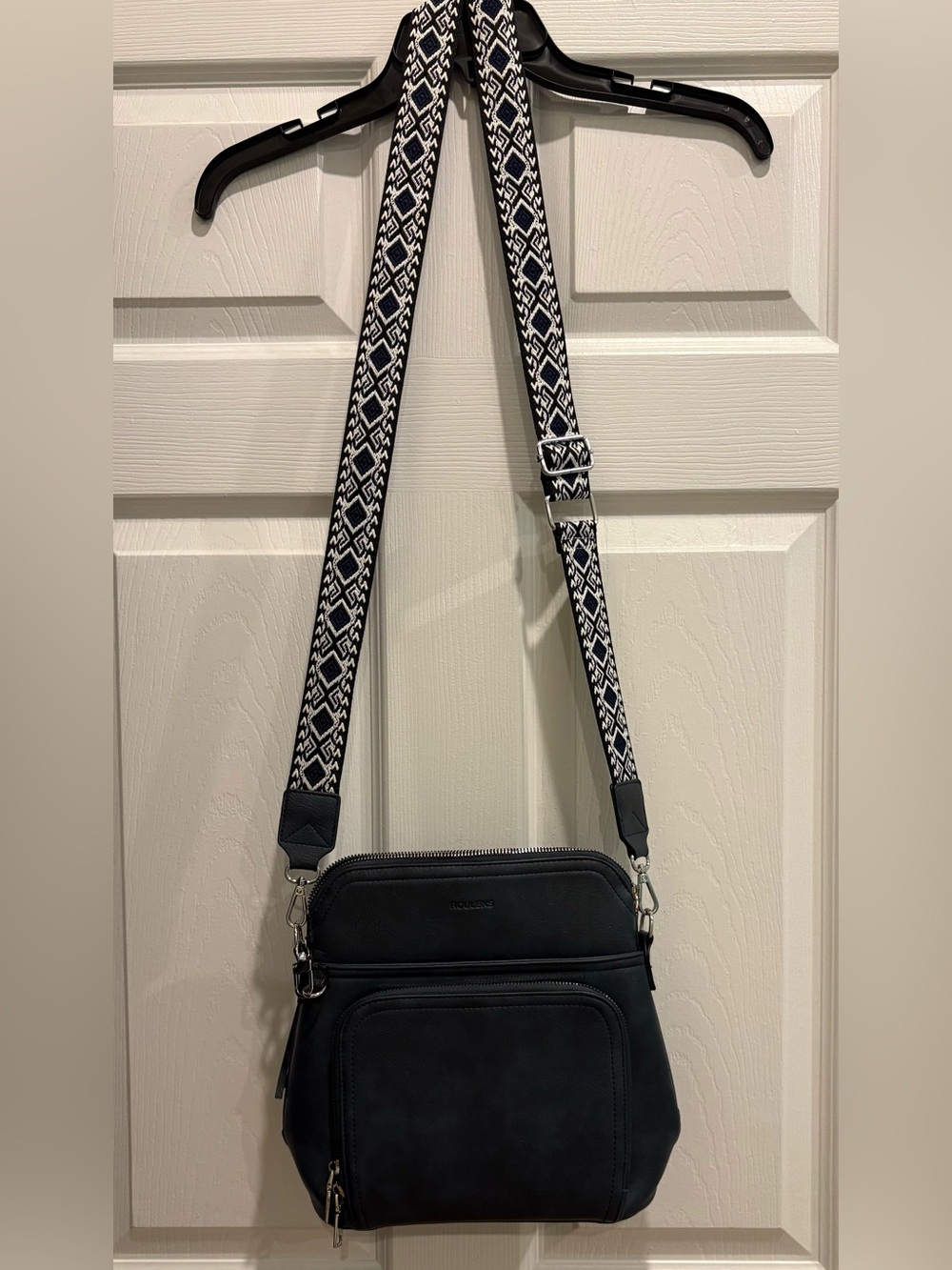 Navy Roulens Crossbody Bag with Patterned Strap - Quilted Look